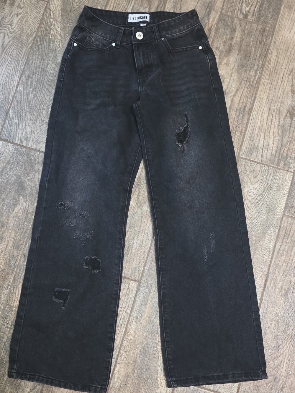 Disclosure Y2K Black Baggy Jeans Leopard NYC Back Patch Sz 25 Distressed